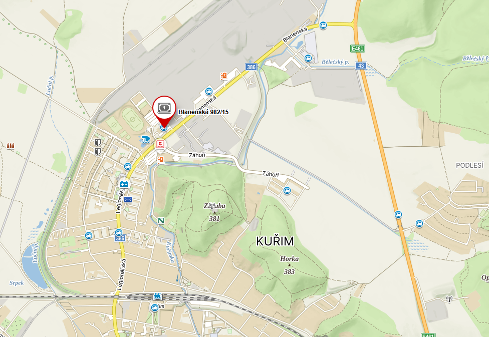 Mapa s označením polohy psychologické ambulance na ulici Blanenská v Kuřimi